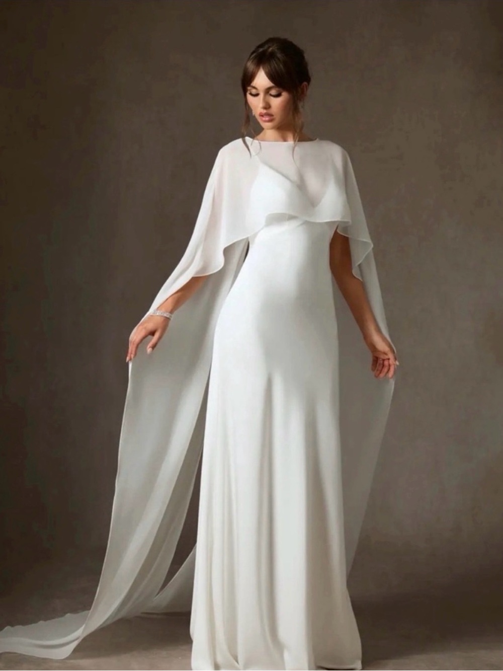 Azazie- White Maxi Gown with Cape. “Caity”